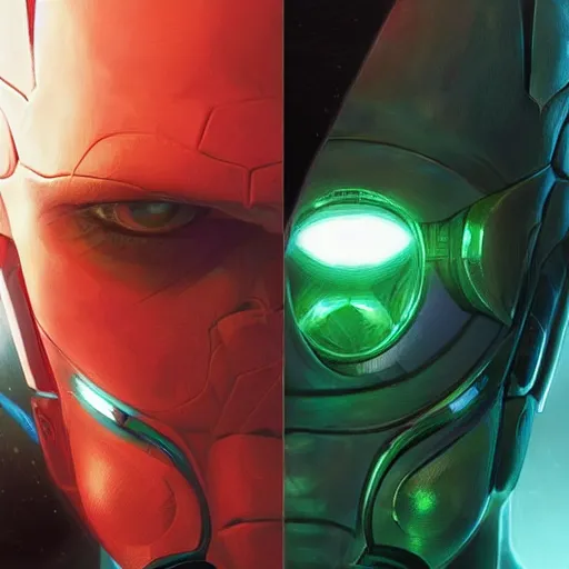 Image similar to zulu cyborg, male, green eyes, red diodes, science fiction, highly detailed, digital painting, beautiful eyes, symmetry, concept art, sharp focus, illustration, art by artgerm and greg rutkowski and magali villeneuve and ilya kuvshinov!