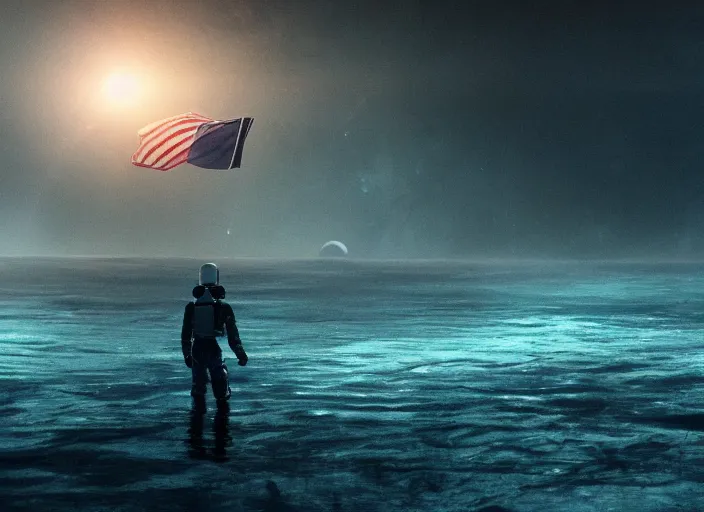 Image similar to astronaut holding a flag in an underwater desert. a submarine is visible in the distance. dark, concept art, cinematic, dramatic, atmospheric, 8 k, trending on artstation, blue, fish, low visibility, fog, ocean floor, christopher nolan, interstellar