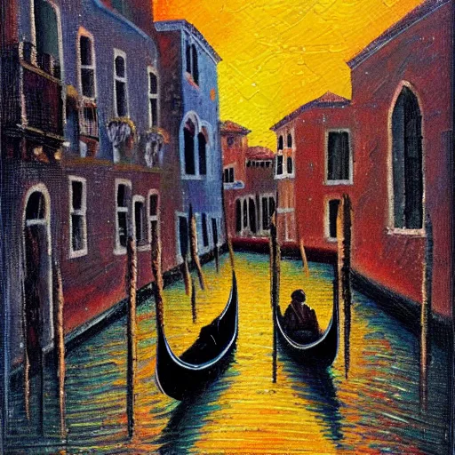 Prompt: lonely gondola cruising through venetian canals at night, 8 k, impasto paint, oil on canvas, muted colours, full moon shining,