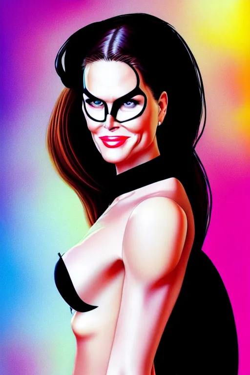 Prompt: portrait of a mix of beautiful young maria shriver, mariel hemmingway, brooke shields, nicole kidman and elle macpherson as catwoman, thin lips, hair tied up in a pony tail, colorful artstation, cgsociety