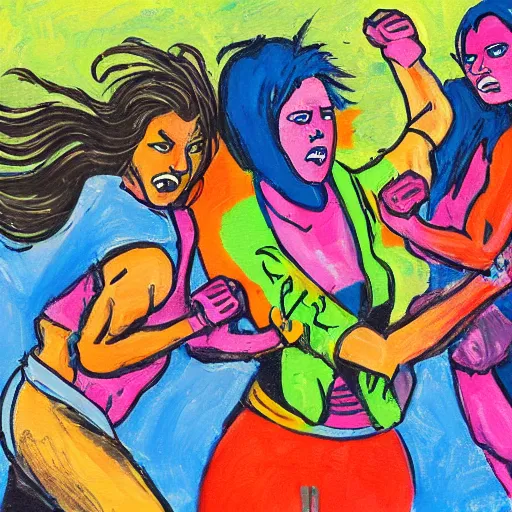 Prompt: angry women fight each other, vivid colors, high detail,