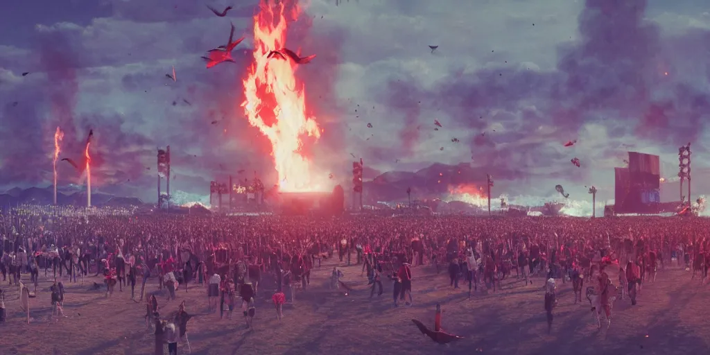 Image similar to realistic cinematic views of a orwellian coachella with fires in the background and dead seagulls falling from the sky in front of the main stage worshipping a large statue of kylie jenner, hyper detailed, terror glows, hyper realistic, digital painting, 8 k, 3 5 mm film grain, octane render