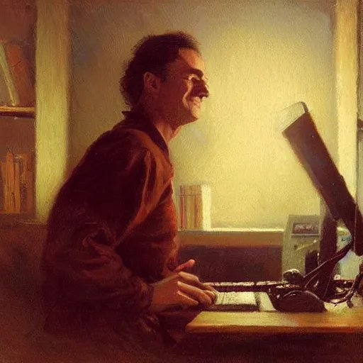 Image similar to portrait of isaac newton bulding a computer, artwork by gaston bussiere, craig mullins, trending on artstation