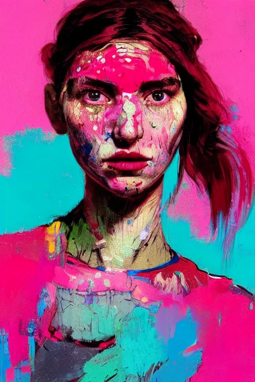 Prompt: portrait of a beautiful girl living in a postapoliptic forgotten world, she has seen war and has seen death, on her face you sadness and tears, in the colors hot pink and cyan, beautiful face, rule of thirds, complex outfit, spotlight, by greg rutkowski, by jeremy mann, by francoise nielly, by van gogh, digital painting