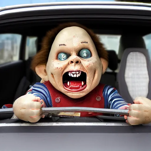 Image similar to middle aged screaming chucky doll driving to work in a minivan and stuck in gridlock traffic