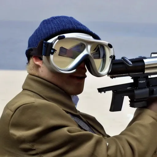 Image similar to a seagull wearing aviator goggles firing a machinegun