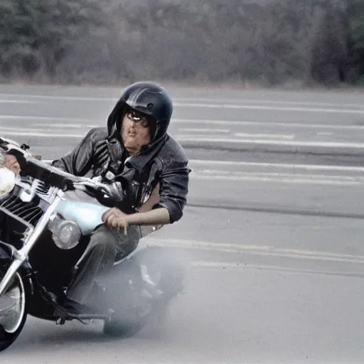 Image similar to Film still of 'Thunder Justice' (1990). Helicopter motorcycle chase scene. Sigma 85mm f/1.4