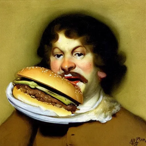 Image similar to burger king eating a burger by francisco goya