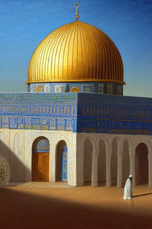 Image similar to a beautiful illustration of dome of the rock jerusalem and f a muslim is praying in front of it, impasto paint in the style of martin johnson heade and h. r. giger