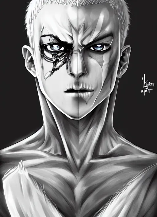 Image similar to detailed portrait art of death in a white shirt, white straight short hair, a black eye and white another, the bone is exposed on the right forehead, art by krenz, very detailed, intricate, digital anime art, sharp focus