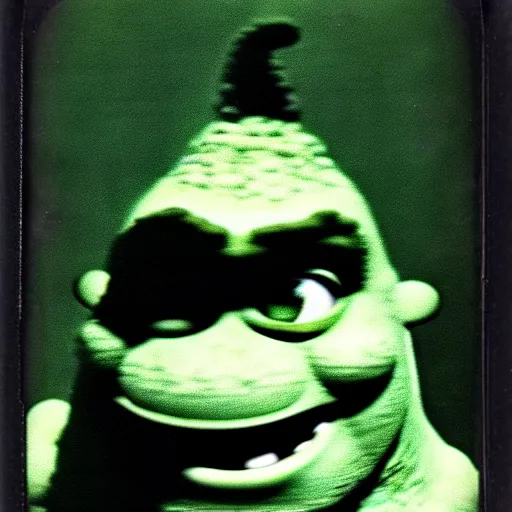 Image similar to 1 9 6 0's old polaroid of monster shrek staring from the depths of the dark gloomy forest, photorealistic, grainy, found footage, old film, low quality, horror, creepy, unsettling, liminal, strangely terrifying