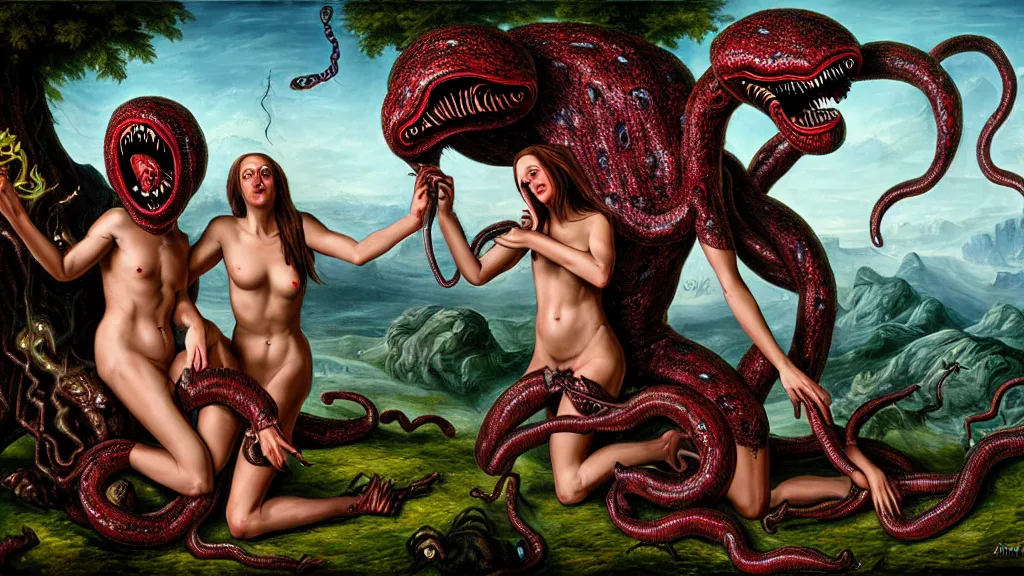 Image similar to Adam and eve with a screaming worm monster, maximalist, high detail, 8k, ornate, dark fantasy, realistic, masterpiece, complex, WLOP, wide angle, by rocco