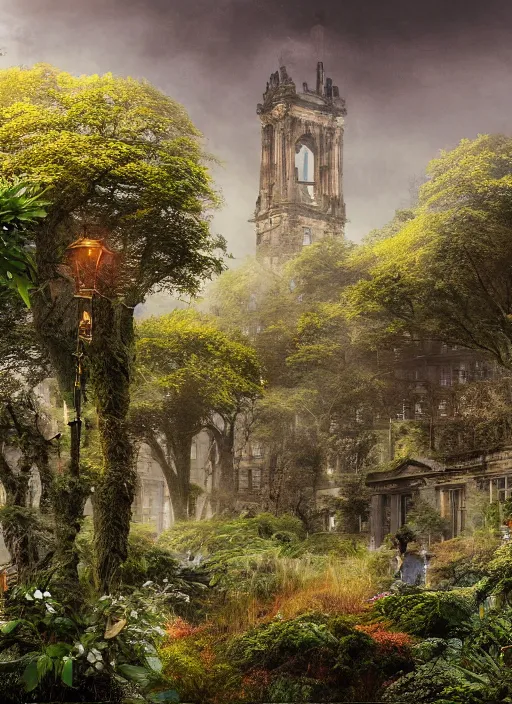 Prompt: a beautiful digital graphics design portrait of Edinburgh city. Edinburgh overgrown with plants, caledonian forest, matte painting, fantasy art, highly detailed