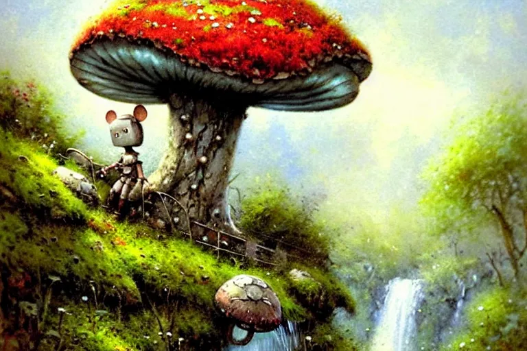 Image similar to adventurer ( ( ( ( ( 1 9 5 0 s retro future robot android mouse in forrest of giant mushrooms, moss and flowers stone bridge waterfall. muted colors. ) ) ) ) ) by jean baptiste monge!!!!!!!!!!!!!!!!!!!!!!!!! chrome red