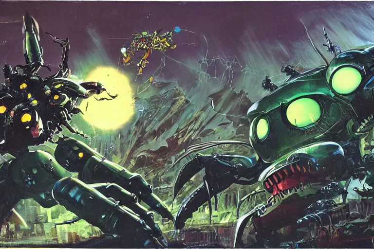 Prompt: illustration of link versus a giant robot spider, lit by green glowing eyes, by frank frazetta, John Berkey, fisheye lens