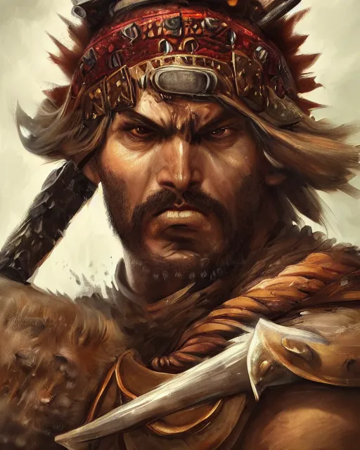 Prompt: portrait of an angry barbaric spanish conquistador in battle by filipe pagliuso and justin gerard, symmetric, anatomy, facial features, detailed, intricate, portrait, princess mononoke color scheme, trending on artstation, masterpiece, torso