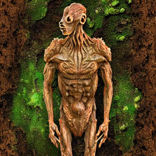 Prompt: fossilized humanoid creature covered with moss and rust, digital art