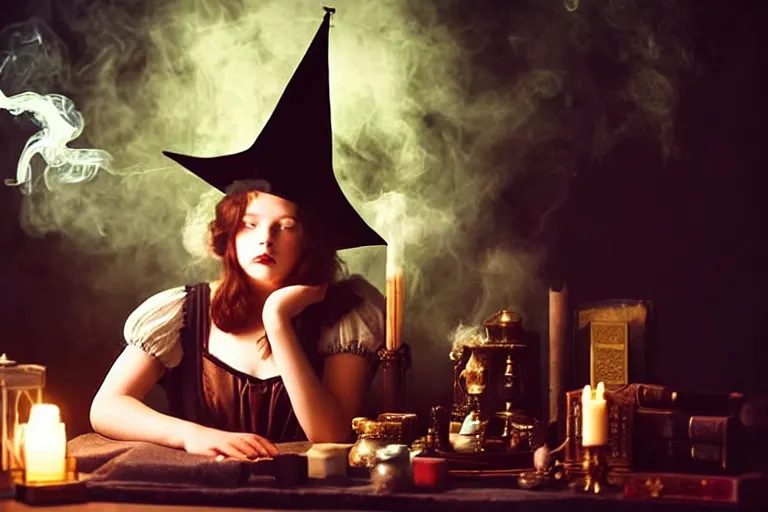 Image similar to close up portrait, dramatic lighting, concentration, calm confident teen witch and her cat, tarot cards displayed on the table in front of her, sage smoke, magic wand, a witch hat cloak, apothecary shelves in the background 1 9 2 0's photo, damaged film
