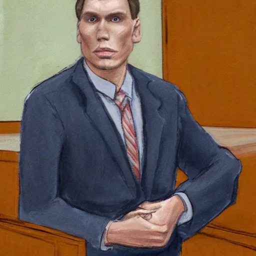 Image similar to jerma 9 8 5, still image of jerma 9 8 5 on trial, courtroom photo, courtroom interior background, detailed face