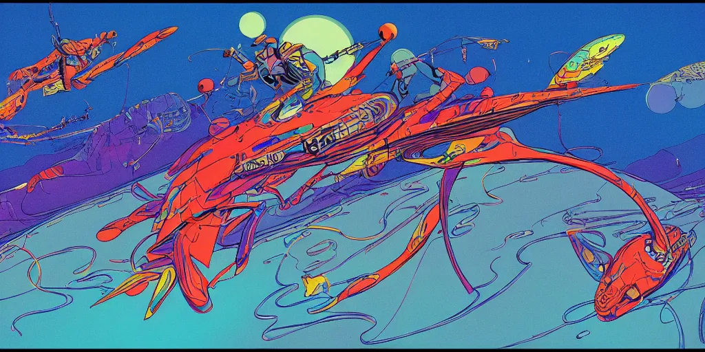 Image similar to electric cats that fly over ice, a lot of tv screens around, shrimps are all over the ground, acid and dreaming psychedelic hallucinations, by moebius and jean giraud, colorful flat surreal design, hd, 8 k, artstation