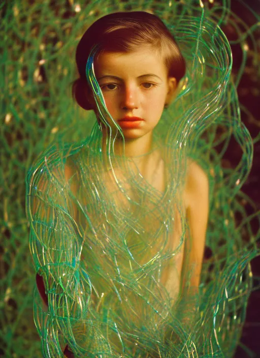 Image similar to realistic photo of a a blurred face of a girl, covered in plastic iridescent vines 1 9 6 0, life magazine photo, natural colors, metropolitan museum, kodak, 8 k, very detailed, high resolution, product photo,