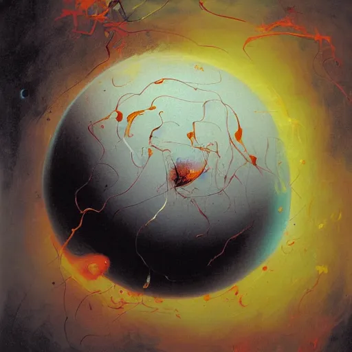 Image similar to a sphere being devoured by abstract splatters of paint in the style of francis bacon, venus being engulfed in flames in the style of james jean, pascal blanche, surreal, beksinski, high detailed