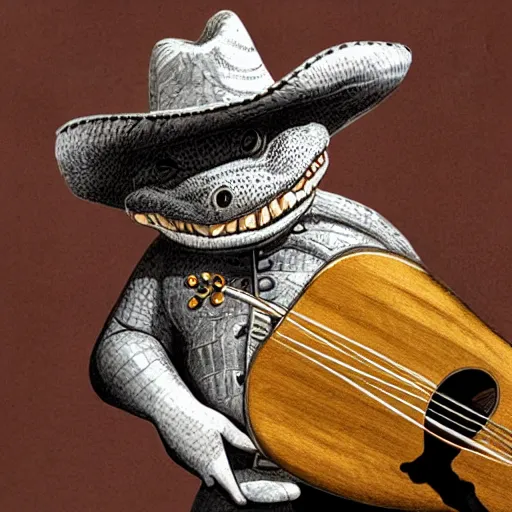 Image similar to an illustration of a alligator playing a banjo and wearing a cowboy hat