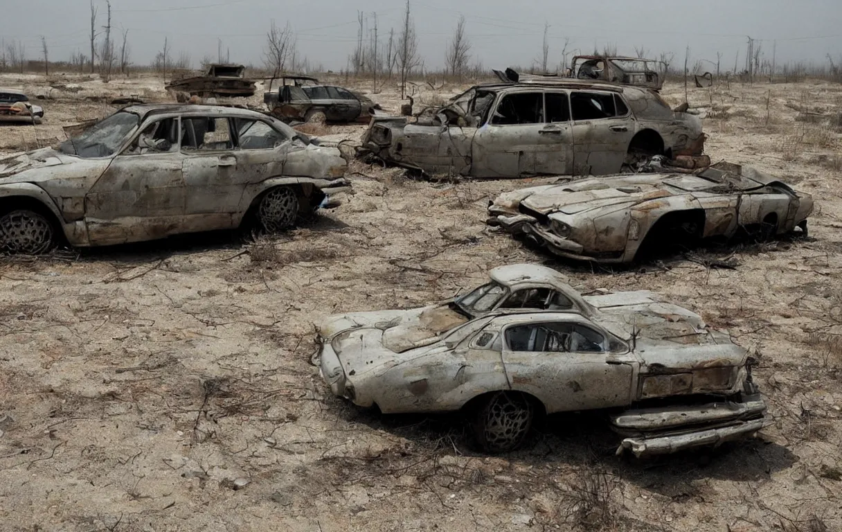 Prompt: a post apocalyptical car abandoned in a wasteland, max max style