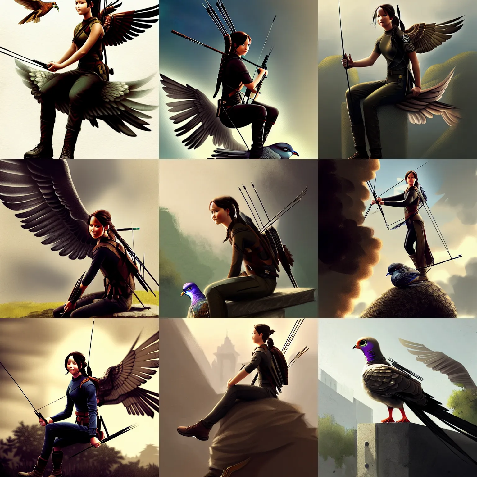 Prompt: katniss everdeen sitting on a giant pigeon, digital art by greg rutkowski