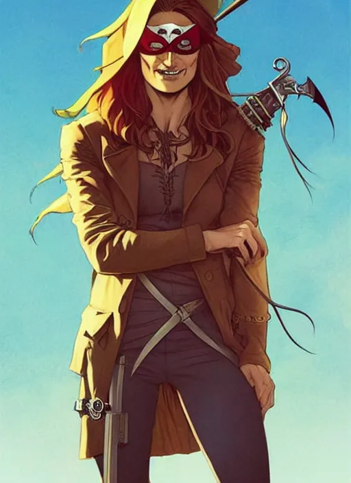 Image similar to Rafeal Albuquerque comic art, Joshua Middleton comic art, pretty female Phoebe Tonkin, pirate, eye patch over one eye, evil smile, symmetrical face, symmetrical eyes, pirate clothing, long wavy brown hair, full body:: sunny weather::