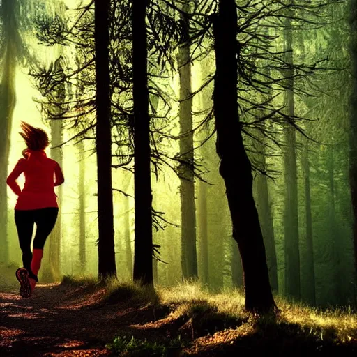 Image similar to a woman running, forest light, romanticism art style