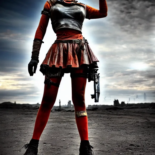 Image similar to full length photo of a very beautiful female atompunk warrior, 8 k, hdr, smooth, sharp focus, high resolution, award - winning photo