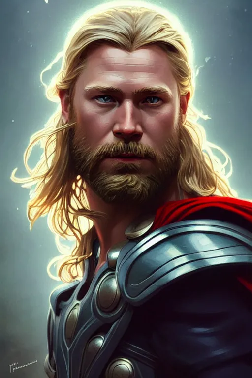 Prompt: Thor Odinson, fantasy, portrait, sharp focus, intricate, elegant, digital painting, artstation, matte, highly detailed, concept art, illustration, ambient lighting, art by ilya kuvshinov, artgerm, Alphonse mucha, and Greg Rutkowski