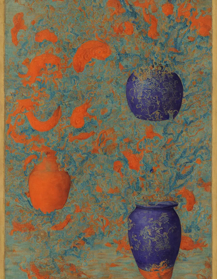 Prompt: Ming vase of coral under the sea decorated with a dense field of stylized scrolls that have opaque outlines enclosing mottled blue washes, with orange shells and purple fishes, Ambrosius Bosschaert the Elder, oil on canvas, around the edges there are no objects