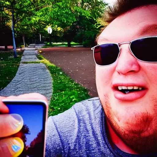 Image similar to modern color fine details iphone 1 2 pro selfie photograph of peter griffin taking a selfie in a park on an iphone 1 2 pro, peter griffin, modern hd cell phone photograph in color, instagram