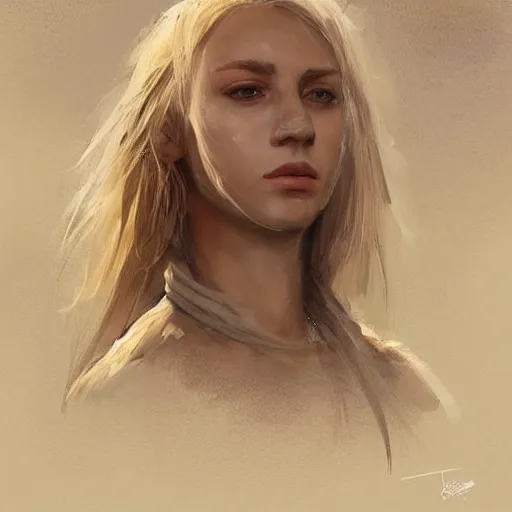 Prompt: Portrait of a woman by Greg Rutkowski, she is about 20 years old, ukrainian, blonde hair with two strands around her face, young, attractive, athletic, badass, kinda sad but friendly look, she is wearing futuristic military fatigues, highly detailed portrait, scifi, digital painting, artstation, concept art, smooth, sharp foccus ilustration, Artstation HQ