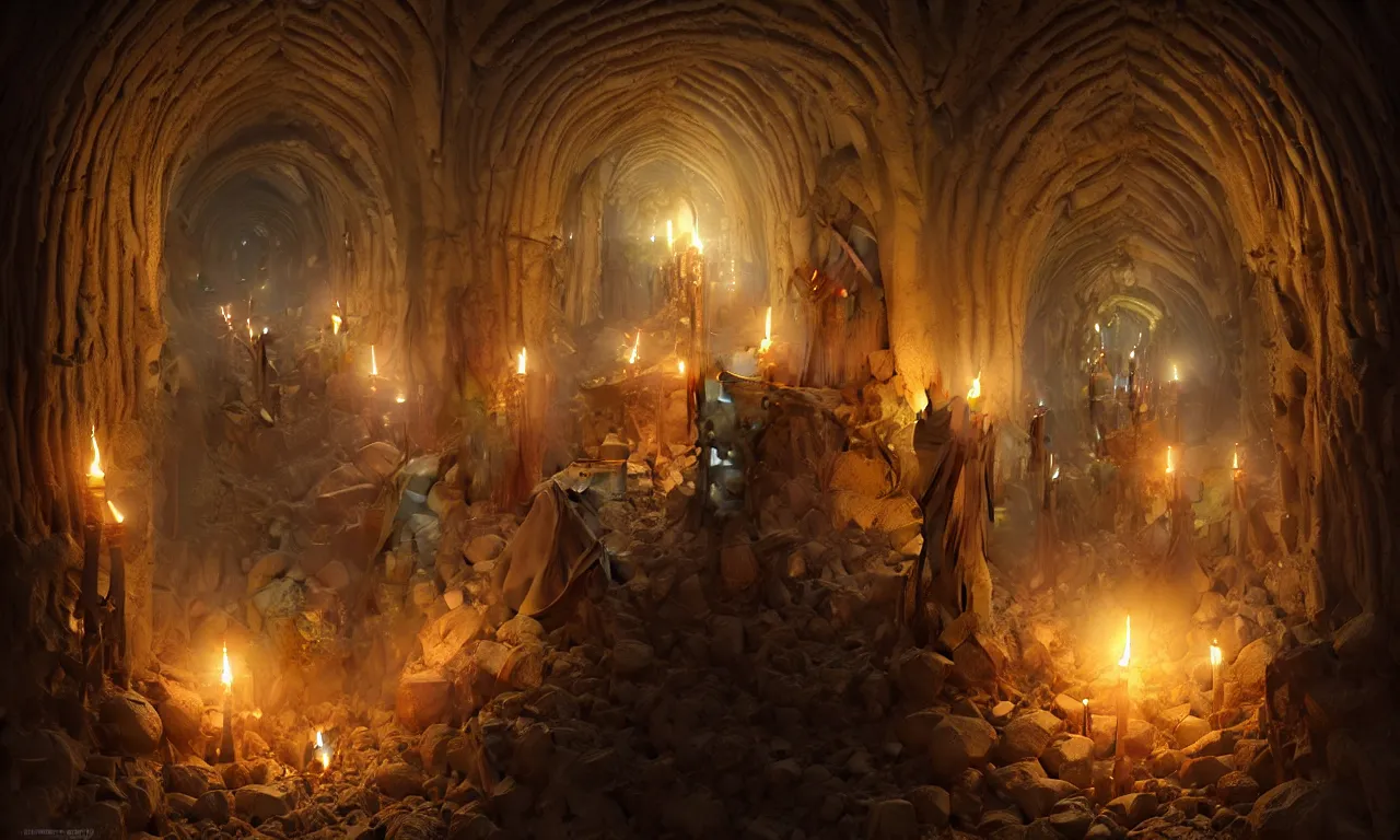 Prompt: Scary endless medieval catacombs with torches. Mystical nightmare concept, fantasy, intricate, elegant, highly detailed, digital painting, artstation, concept art, smooth, sharp focus, illustration, art by artgerm and greg rutkowski and alphonse mucha