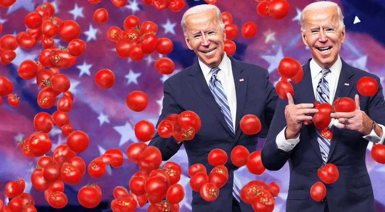 Prompt: joe biden singing on americas got talent with tomatos being thrown at him