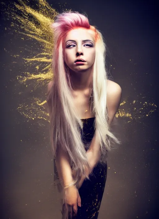 Image similar to a dramatic lighting photo of a beautiful young woman with cotton candy hair. gold splashes. moody, melanchonic. with a little bit of gold and black