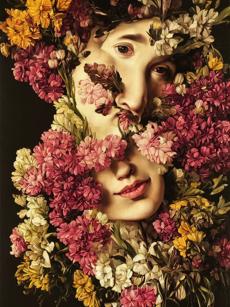 Prompt: hyperrealistic still life painting of a woman's face made of flowers that is smiling, by Caravaggio, botanical print, surrealism, vivid colors, serene, golden ratio,