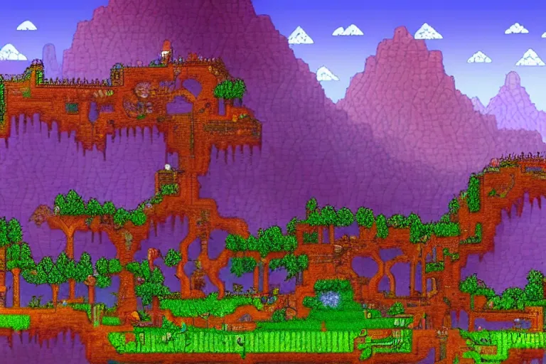 Prompt: beautiful arcadian landscape of a forested valley, ancient ruins in the distance, the art of terraria