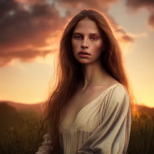 Image similar to photographic portrait of a stunningly beautiful female alchemist with spells in soft dreamy light at sunset, contemporary fashion shoot, by edward robert hughes, annie leibovitz and steve mccurry, david lazar, jimmy nelsson, breathtaking, 8 k resolution, extremely detailed, establishing shot, artistic, hyperrealistic, perfect face, octane render