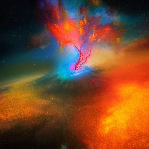 Image similar to turbulent lonely painting of a fire spark reflecting the layered networks of the universe, octane render, very beautiful, masterpiece, by annie leibovitz, reflections, minimalist, elegant, nebulae, photorealist