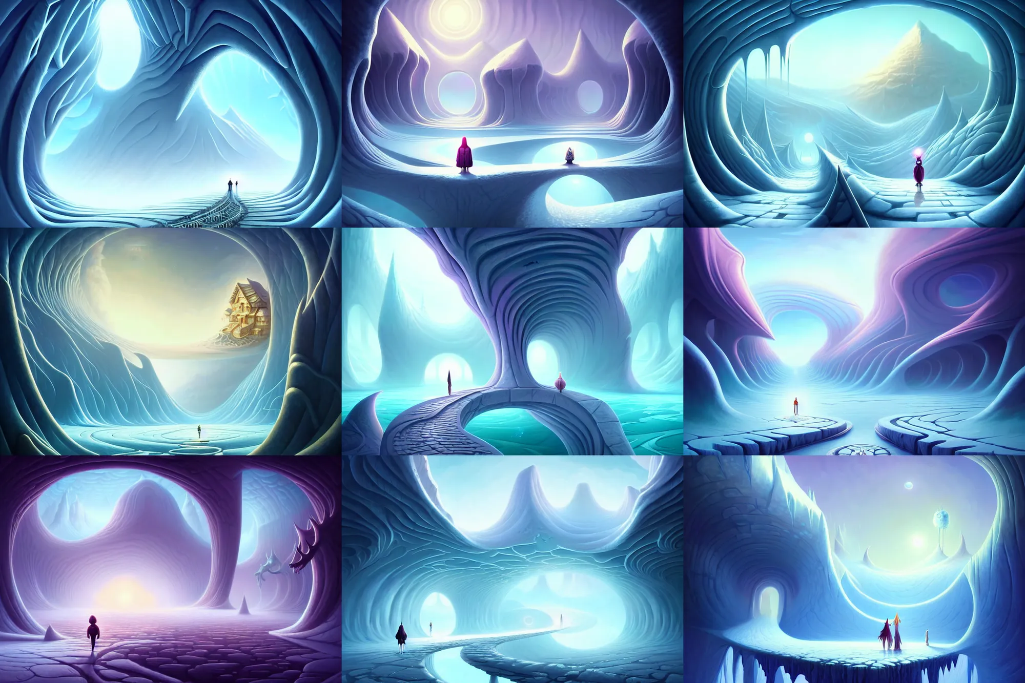 Prompt: beguiling epic stunning beautiful insanely detailed matte painting of an impossible path winding through arctic dream worlds, vast surreal ice interior architecture by heironymous bosch, by cyril rolando, by asher durand, by natalie shau, masterpiece, imaginative, whimsical, great composition