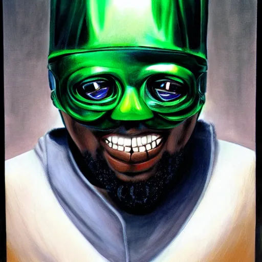 Prompt: beautiful lifelike painting of mf doom showcases his prized collection of rhymes like dimes, hyperreal detailed facial features and uv lighting, art by ed roth and basil wolverton