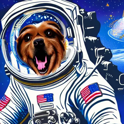 Prompt: cybernetic dog as an astronaut doing a space walk, highly detailed