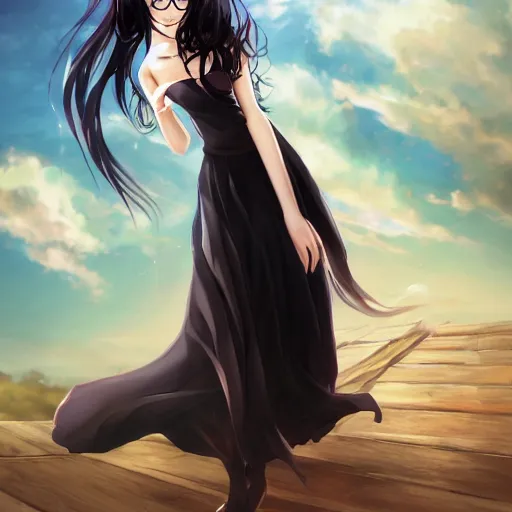 Prompt: anime young woman with long black hair, with glasses, silk dress, windswept, waifu, choker, elegant, highly detailed, anime style, by artgerm, wlop, rossdraws, james jean, andrei riabovitchev, marc simonetti, sakimichan, trending on artstation, hd, 4 k