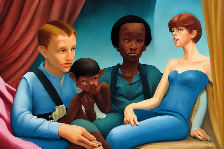 Image similar to beautiful painting of friends, beautiful faces, sitting on the edge, cute, soft light, digital painting by ralph mcquarrie and diane arbus and ernie barnes