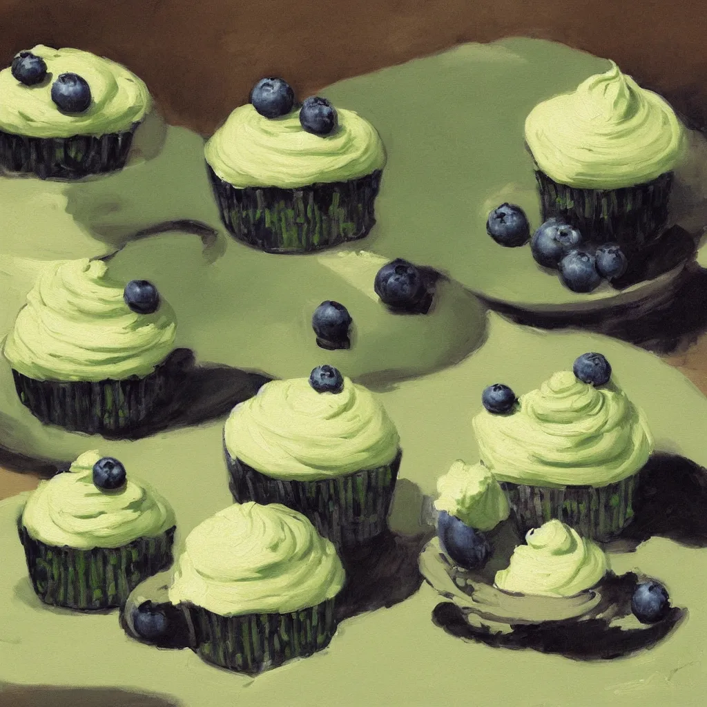 Image similar to a detailed painting study of one blueberry cupcakes with green creme topping by Edward Hopper