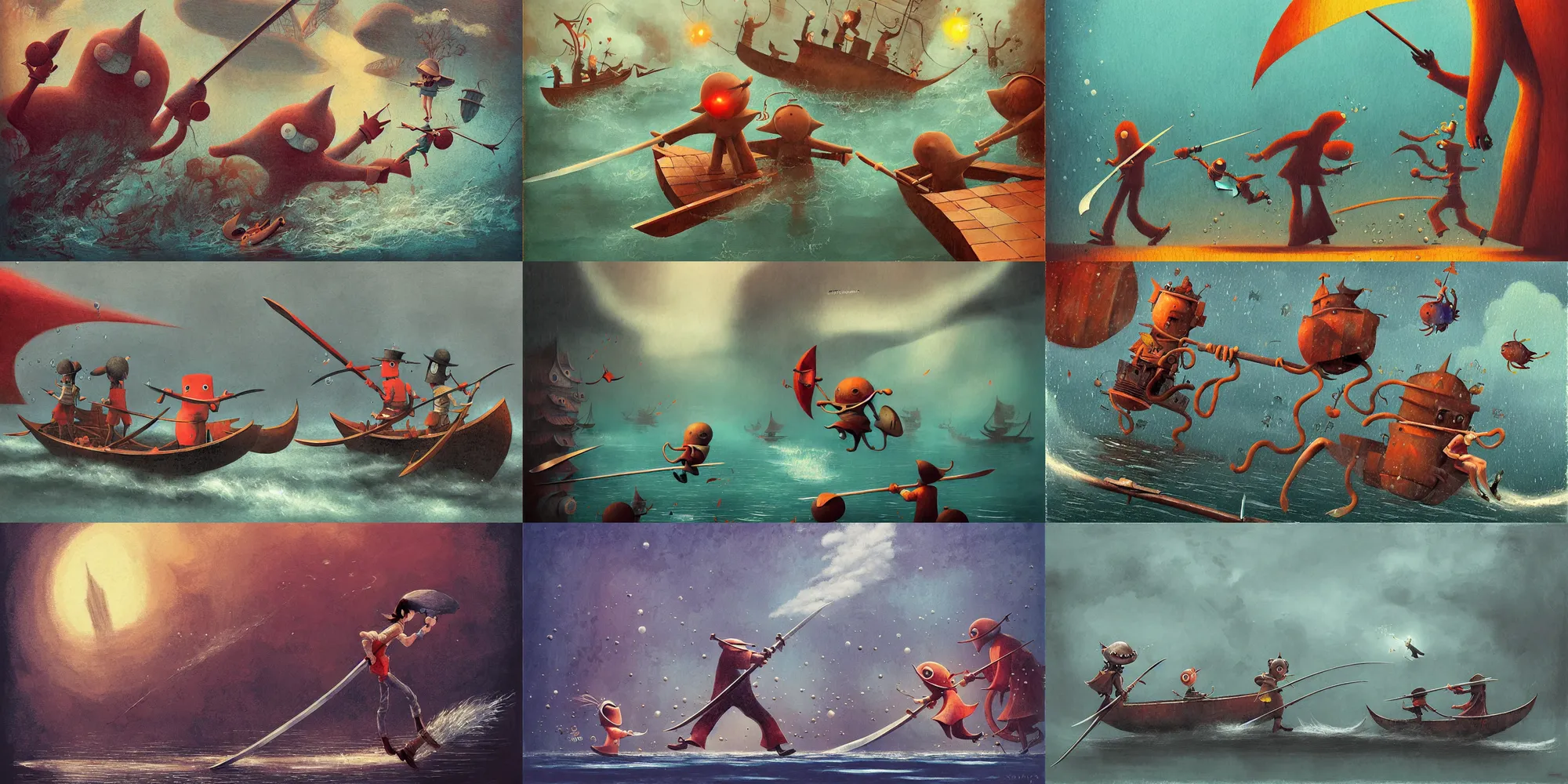 Prompt: ! movie scene, by shaun tan, by nohisa inoue, characters, waterway, action photography, gondola, sword fight, splash, amazing composition, colorful, vanishing point, illustration, gloomy, vignette